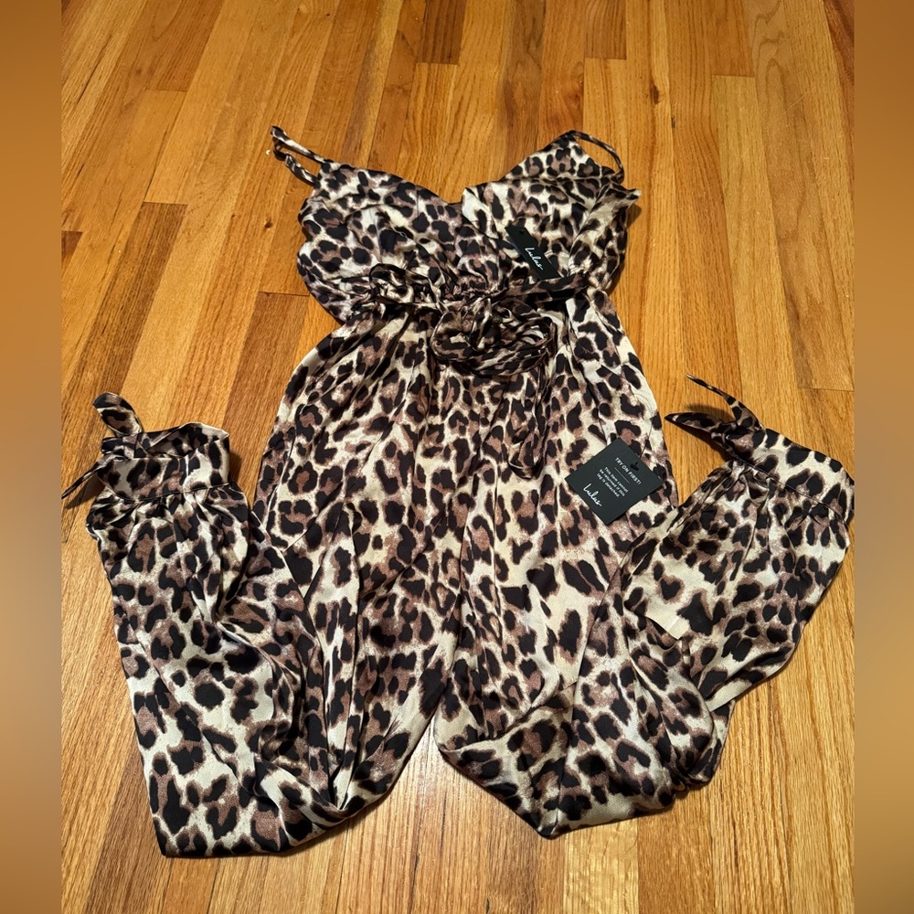 LuLu’s Babe Squad Brown Leopard Print Satin Surplice Jumpsuit size Large